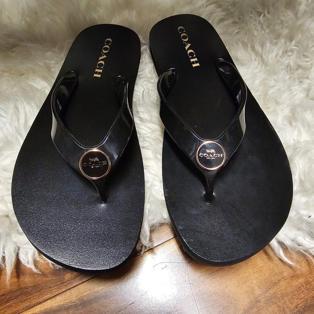 Coach Black Sandals Flip Flops with Gold Accents SUMMER New SMALL 6